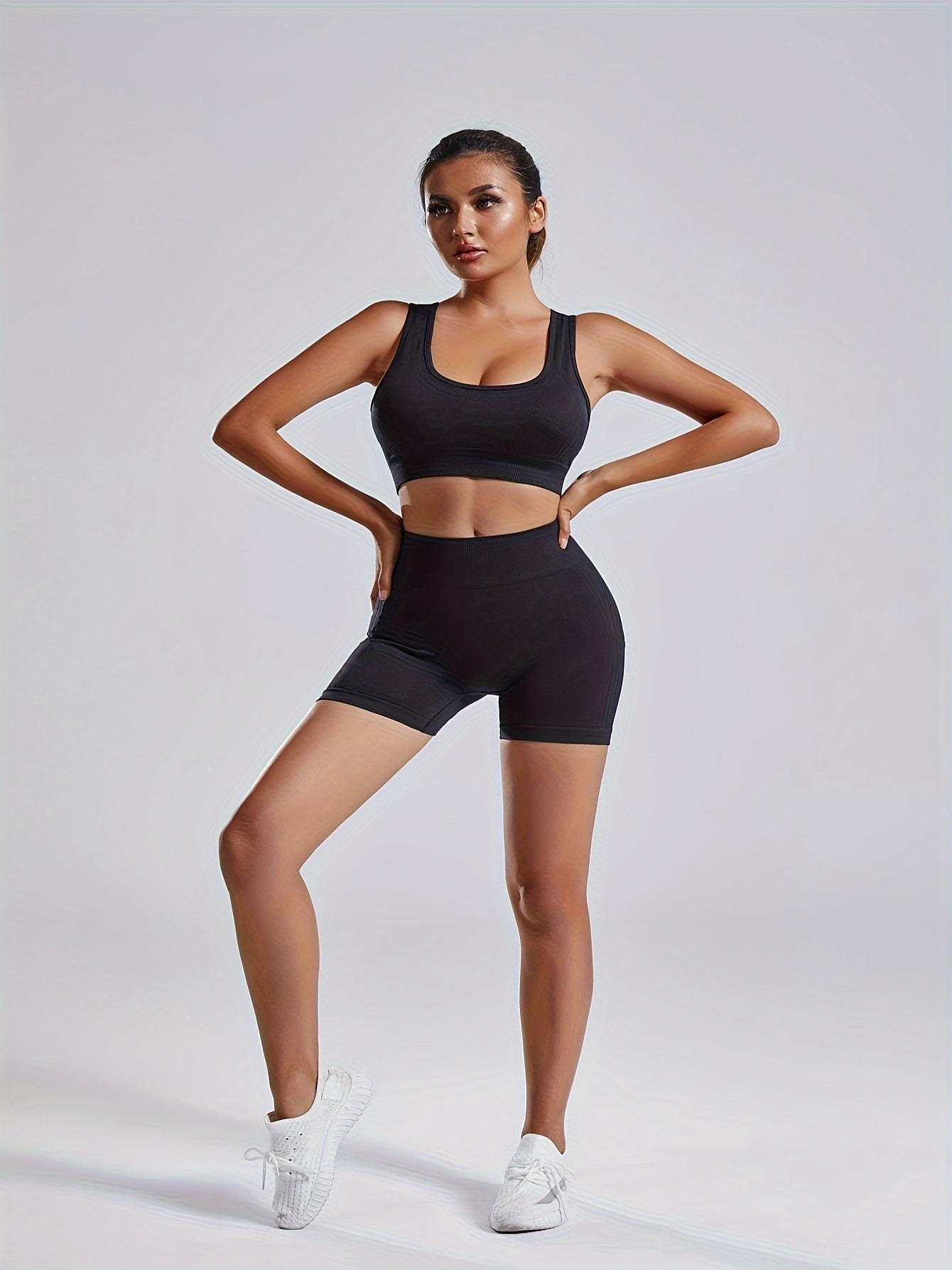 1set Women'S Seamless Sports Yoga Set - High Stretch Polyamide & Elastane Knit Fabric, Solid Color, All-Season, Regular Fit, Open Back Sports Bra & Butt Lifting Shorts Gym Wear