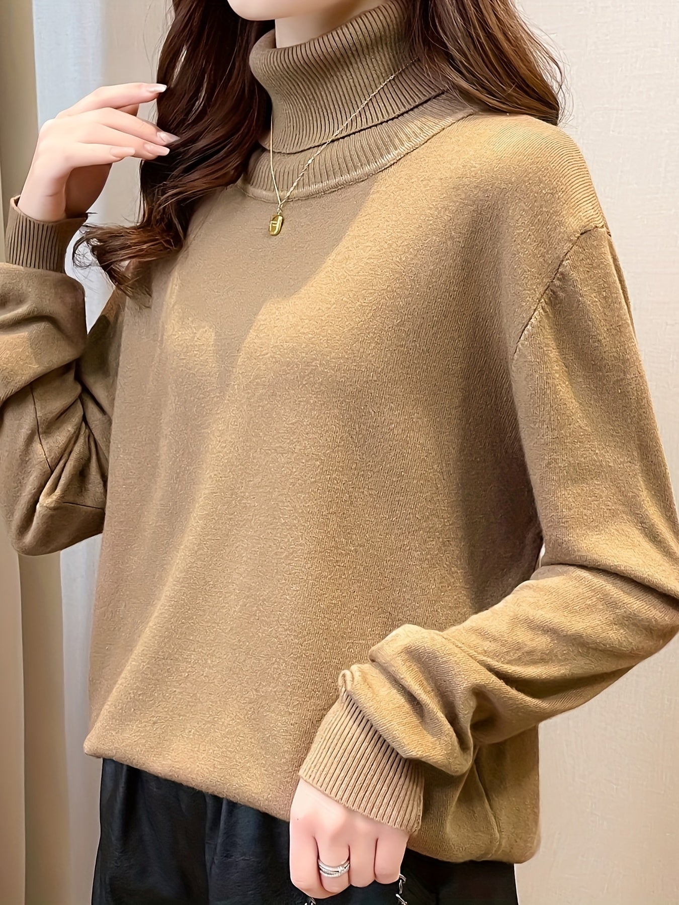 Simple Solid Turtle Neck Knitted Sweater, Elegant Long Sleeve Sweater For Fall & Winter, Women's Clothing