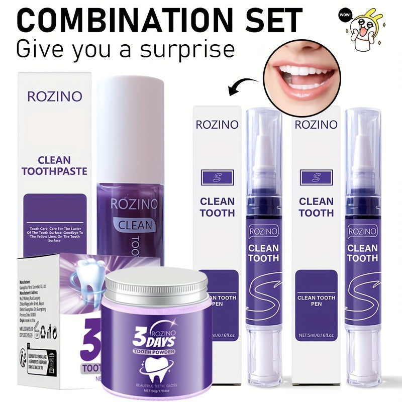 Purple Teeth Four-Piece Set, Toothpaste and Powder Whitening Pen, Brightens Teeth, Eliminates Bad Breath Stains and Odor, Daily Oral Cleaning for Fresh Breath, Cares for Gums, Boosts Confidence in Smile, Suitable for All Ages