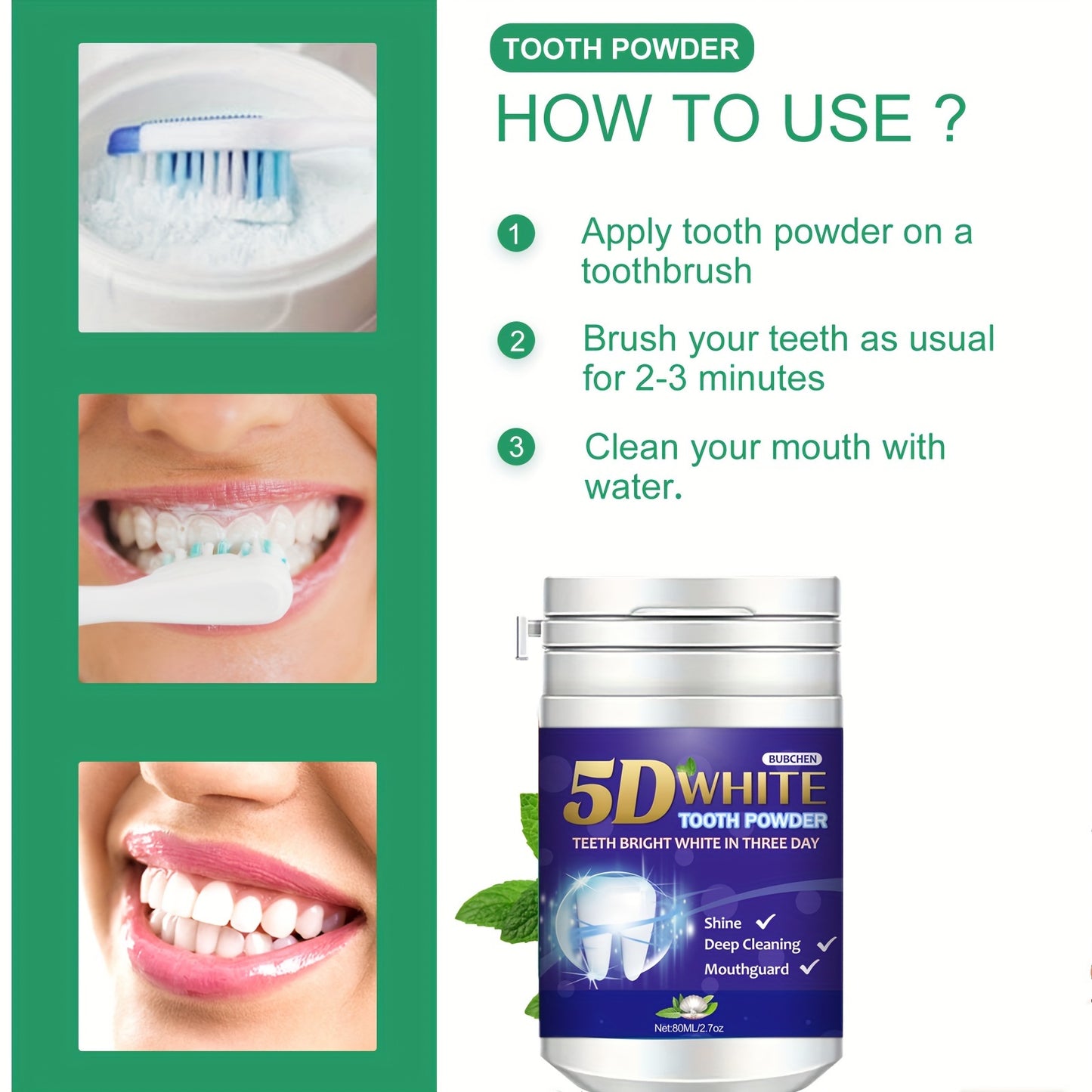 Teeth Whitening Powder, Tooth Cleaning Powder, Fresh Mint Flavor, Effective Shine And Deep Cleaning Toothpowder