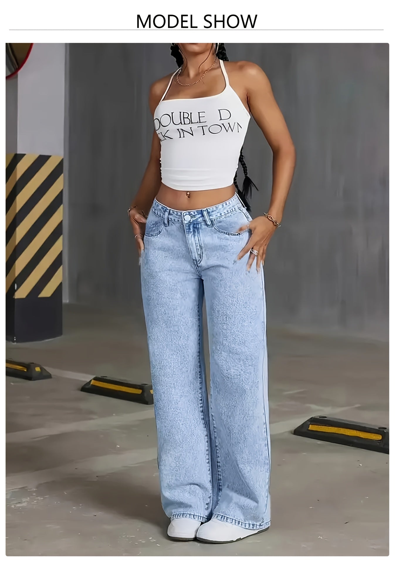 Women's 2025 new stretch loose wide leg straight jeans. acid wash light blue tummy control casual pants with pockets, high waisted comfort solid color pantalones, elegant ladies' clothing, denim trousers fit for travel, work