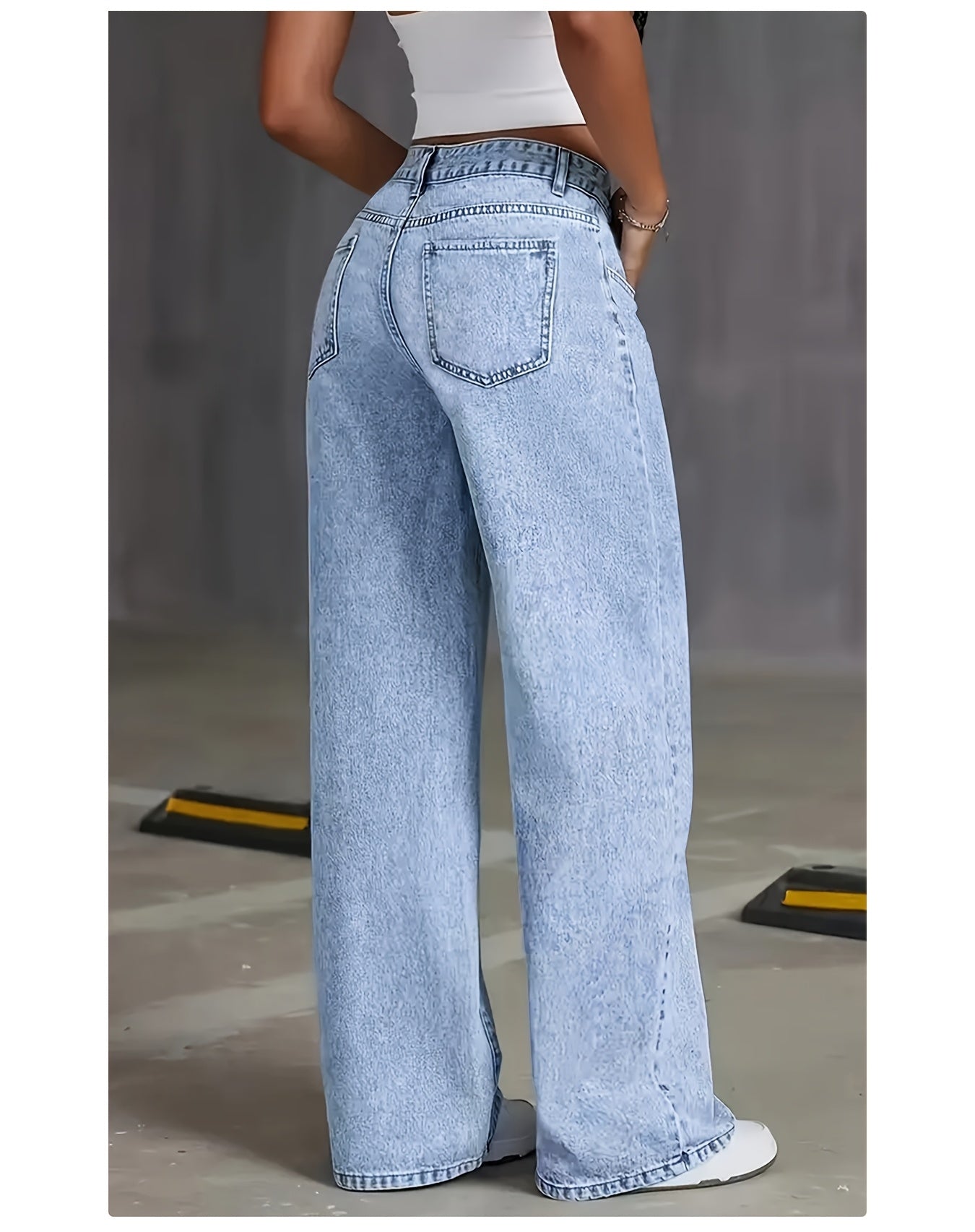 Women's 2025 new stretch loose wide leg straight jeans. acid wash light blue tummy control casual pants with pockets, high waisted comfort solid color pantalones, elegant ladies' clothing, denim trousers fit for travel, work