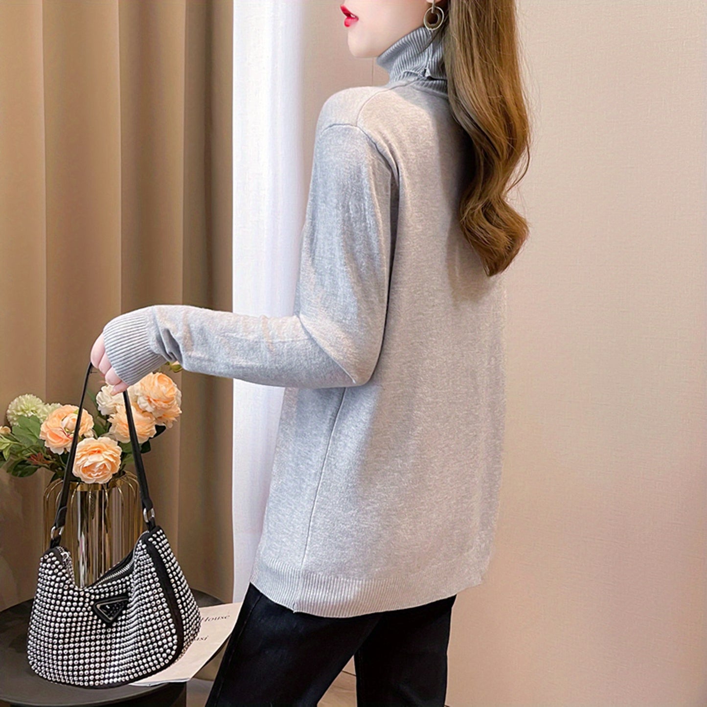 Simple Solid Turtle Neck Knitted Sweater, Elegant Long Sleeve Sweater For Fall & Winter, Women's Clothing