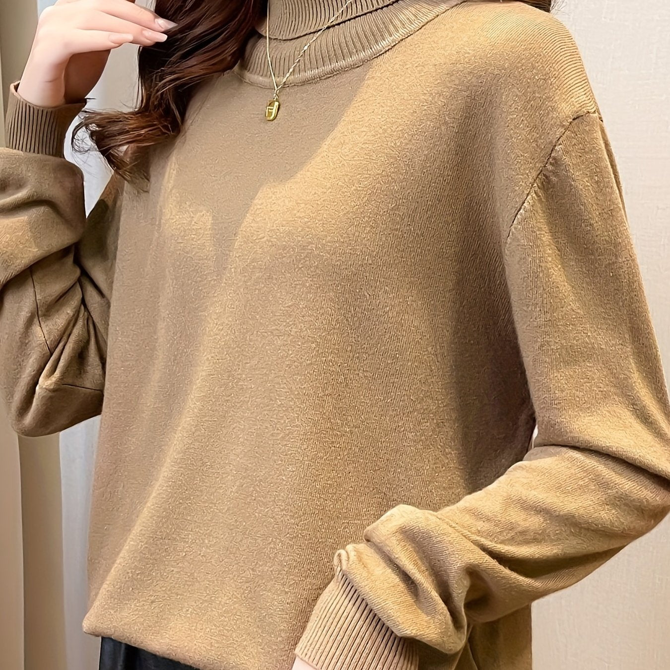 Simple Solid Turtle Neck Knitted Sweater, Elegant Long Sleeve Sweater For Fall & Winter, Women's Clothing
