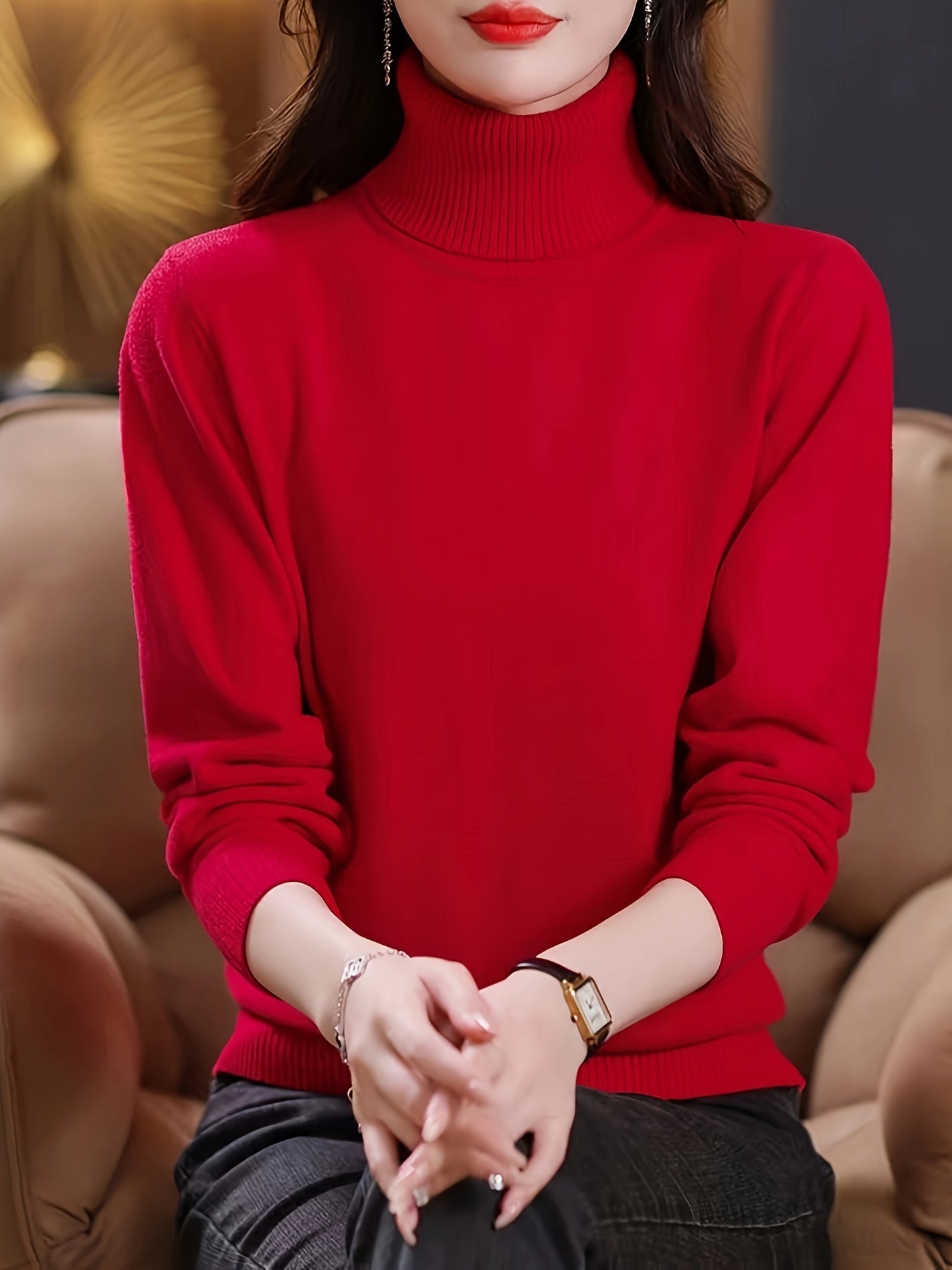 Simple Solid Turtle Neck Knitted Sweater, Elegant Long Sleeve Sweater For Fall & Winter, Women's Clothing