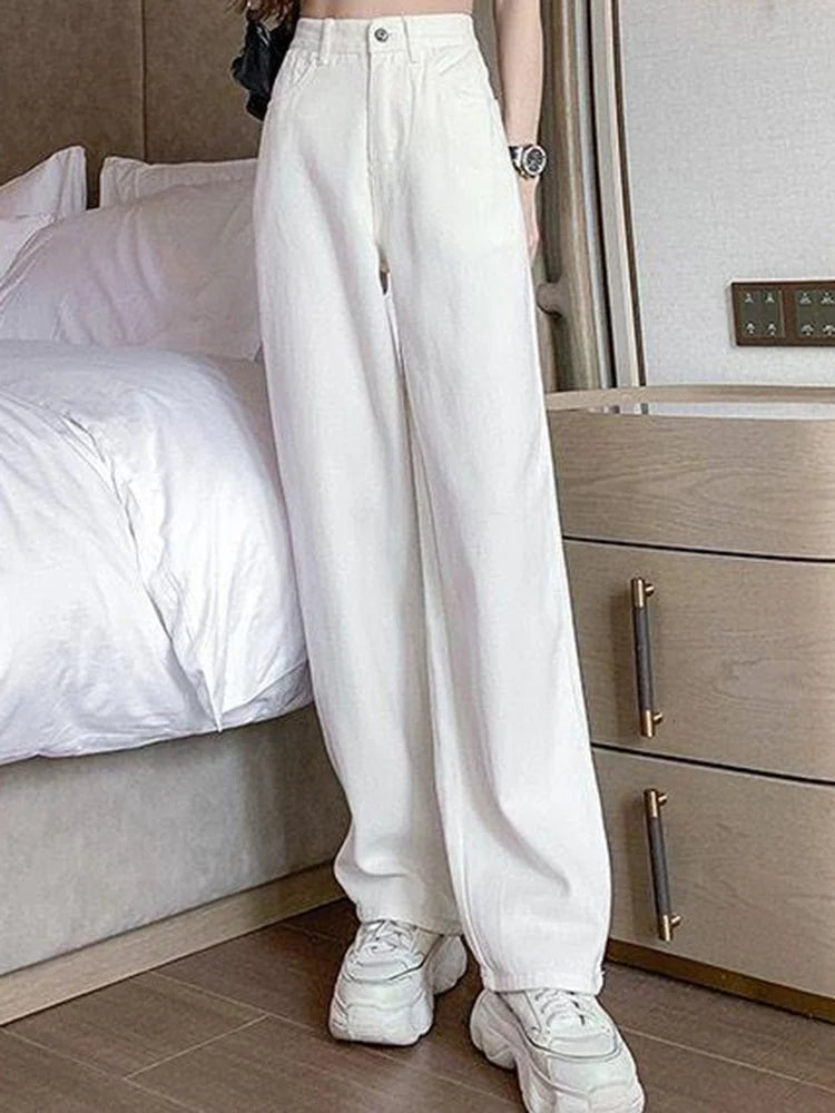 Women Spring High Waist Loose Denim Wide Leg Jeans Lady Street Korean Version Baggy Pants White Fashion Straight Leg Trousers