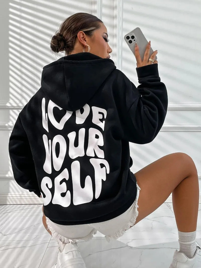 Women's Drop Shoulder Fleece Hoodie with New Back Letter Print