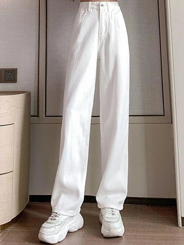 Women Spring High Waist Loose Denim Wide Leg Jeans Lady Street Korean Version Baggy Pants White Fashion Straight Leg Trousers