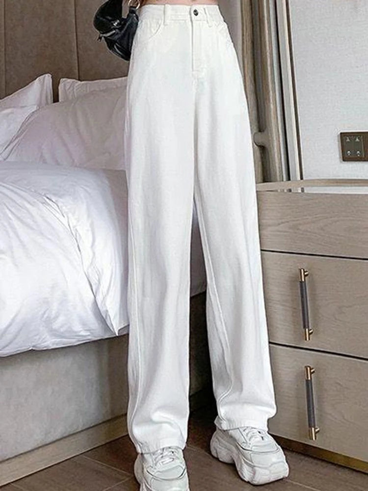 Women Spring High Waist Loose Denim Wide Leg Jeans Lady Street Korean Version Baggy Pants White Fashion Straight Leg Trousers