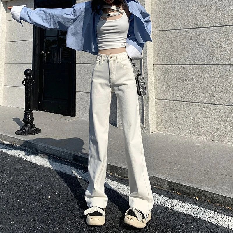 White High Waisted Jeans for Women White Y2k Wide-leg Baggy Jeans Slim Korea Fashion Women's Straight Denim Pants Streetwear