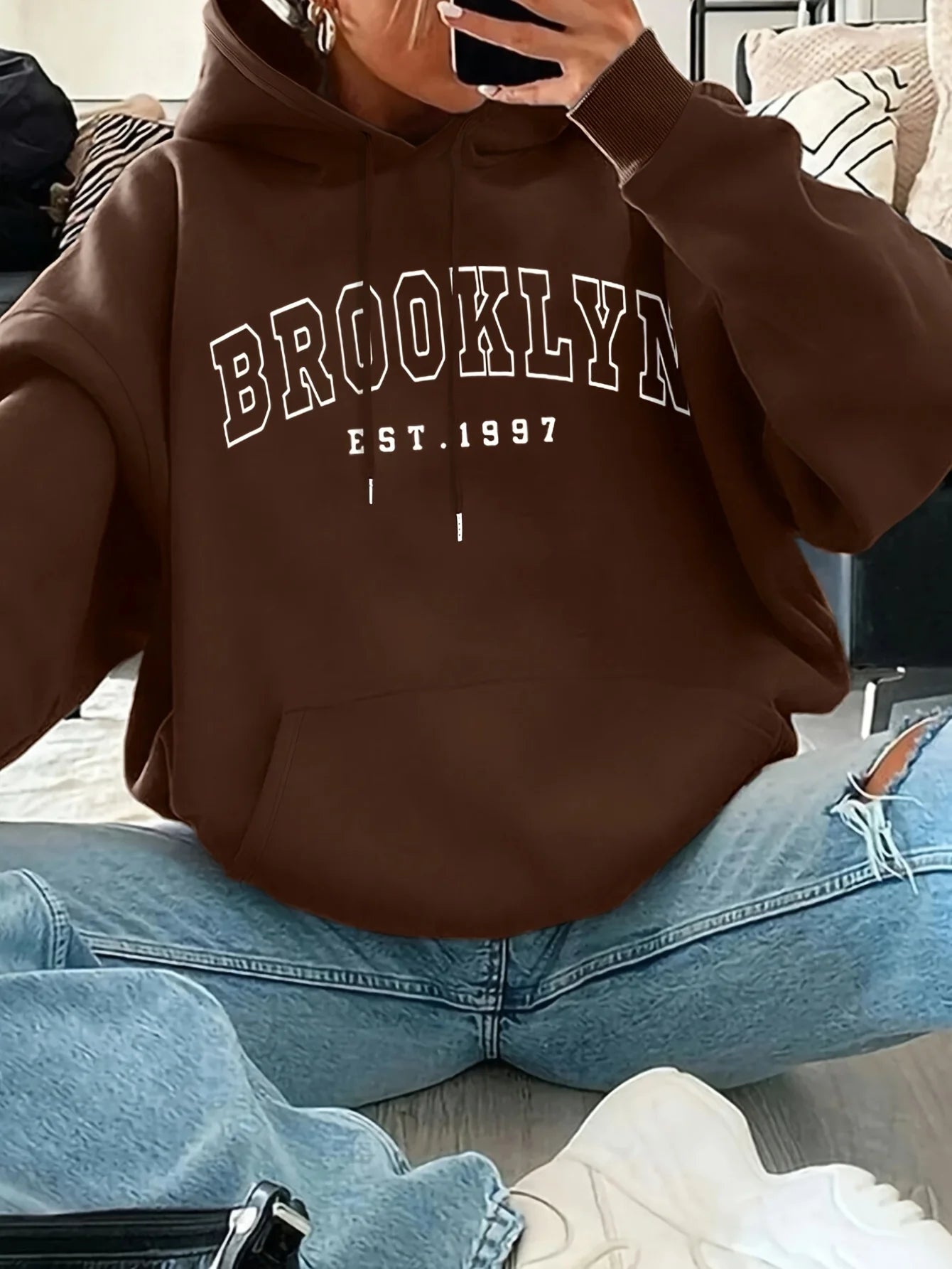 Basic Polyester Hoodie Alphabet Print 100_ Polyester Women Autumn and winter Comfortable Pullover Crewneck Loose Female Clothes