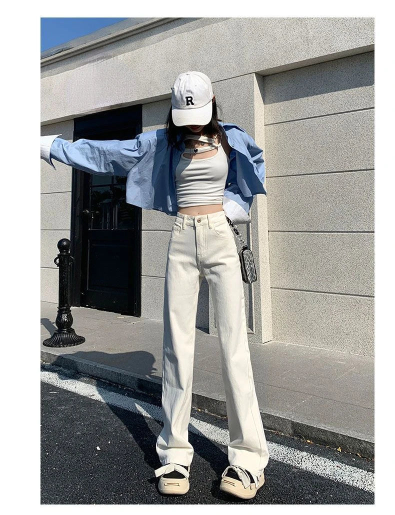 White High Waisted Jeans for Women White Y2k Wide-leg Baggy Jeans Slim Korea Fashion Women's Straight Denim Pants Streetwear