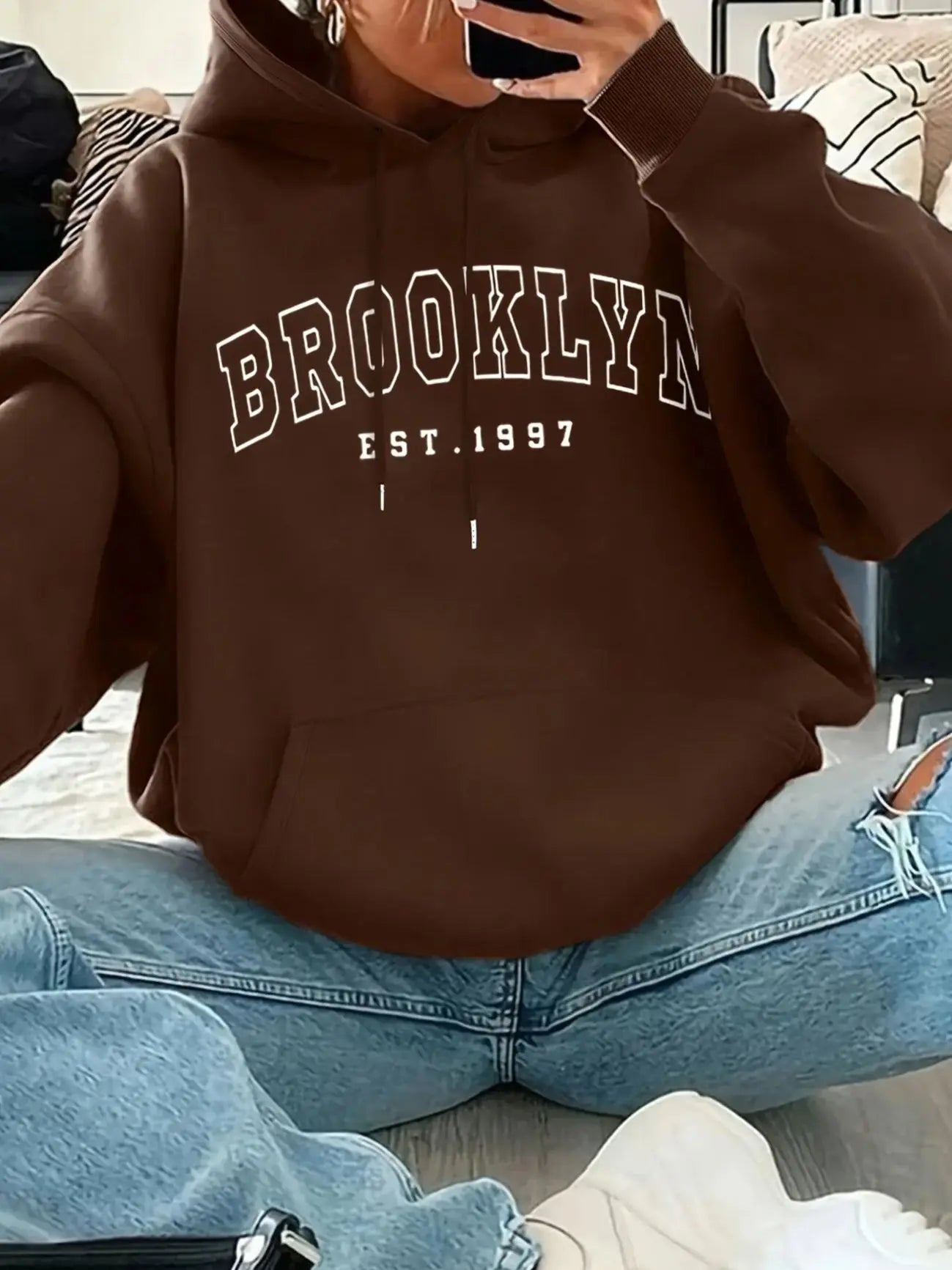 Basic Polyester Hoodie Alphabet Print 100_ Polyester Women Autumn and winter Comfortable Pullover Crewneck Loose Female Clothes