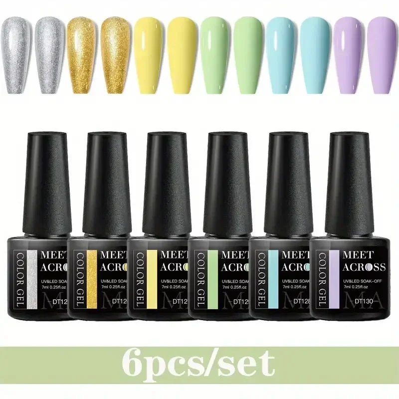 MEET ACROSS 6Pcs Gel Nail Polish Set Pink Red Green Macaron Color Manicure Kit For Nails UV Gel Nail Art Varnish Nail Supplies