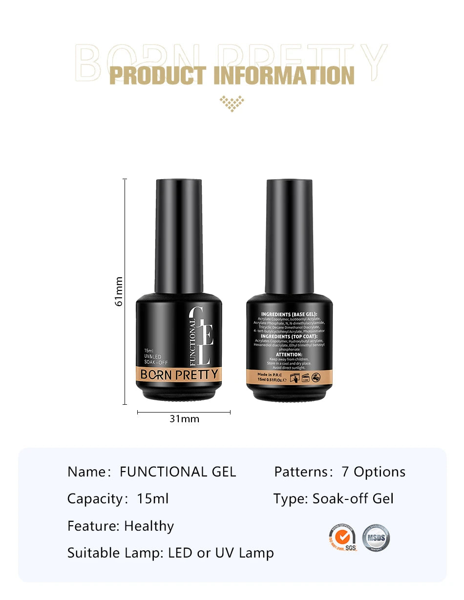 BORN PRETTY 15ml Function Gel Base Super Top Coat Reinforcement Gel Rubber Base Gel Soak Off UV LED Semi-Permanant Varnish