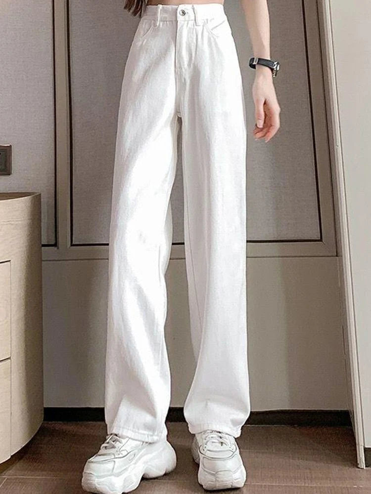 Women Spring High Waist Loose Denim Wide Leg Jeans Lady Street Korean Version Baggy Pants White Fashion Straight Leg Trousers