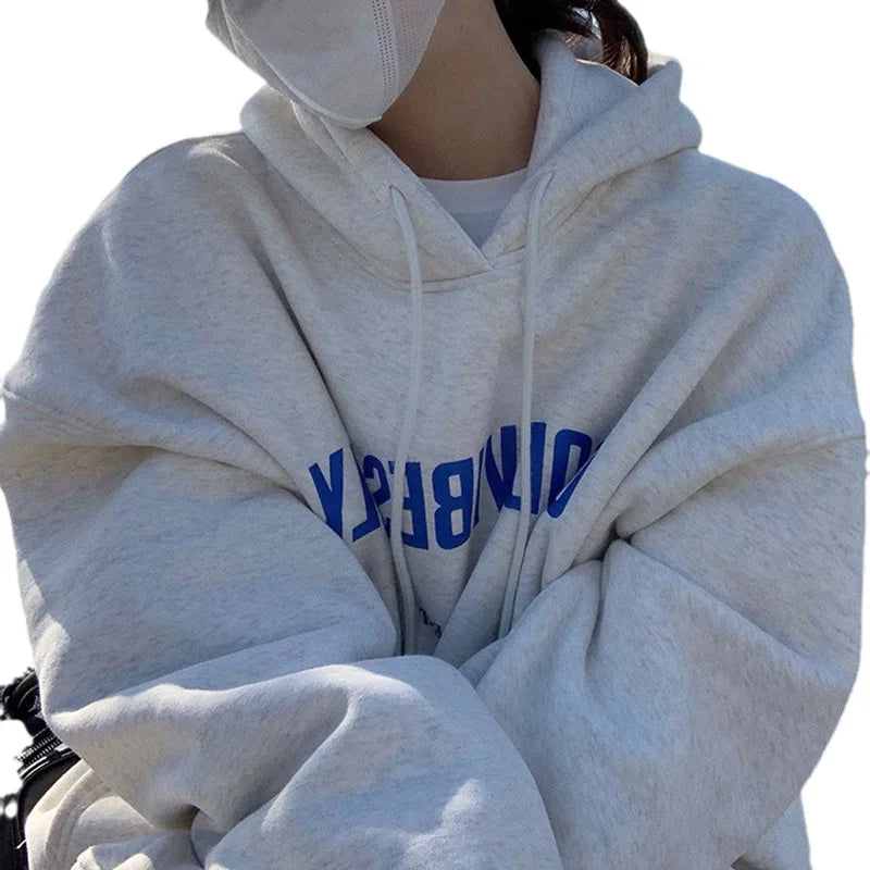 Autumn Fleece Hoodie Solid Color Letter Hooded Korean Fashion Sweatshirts Long Sleeve Top Drawstring Pockets Loose Hoodies