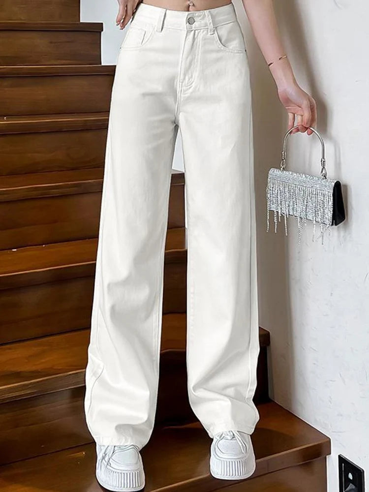 Women Spring High Waist Loose Denim Wide Leg Jeans Lady Street Korean Version Baggy Pants White Fashion Straight Leg Trousers