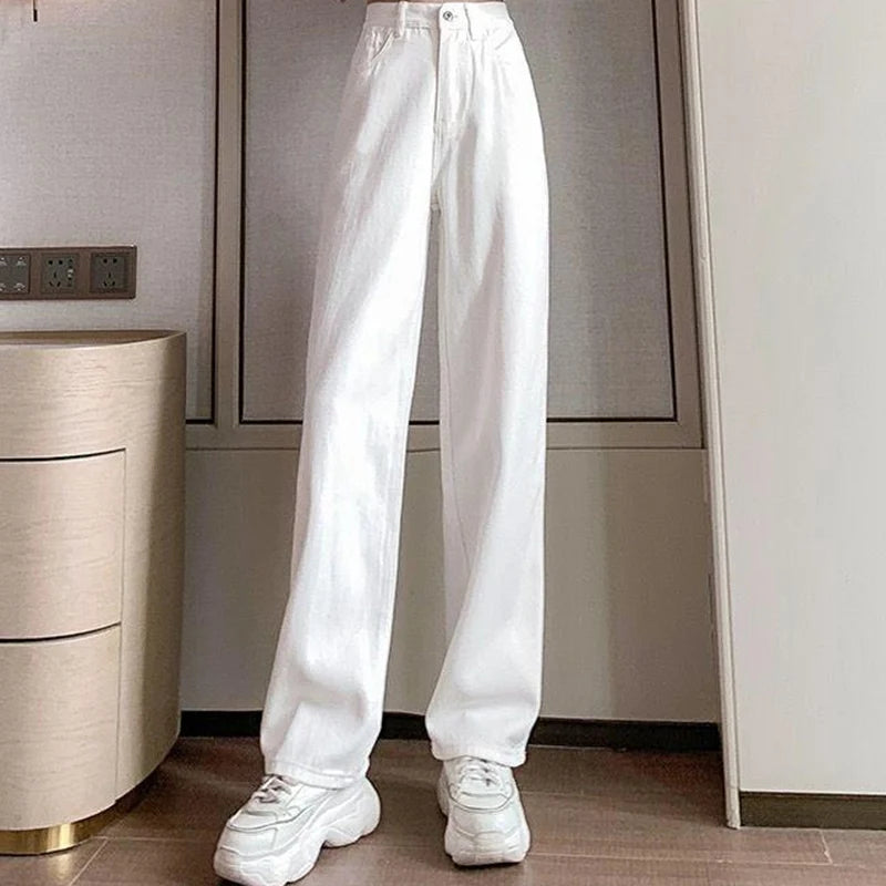 Women Spring High Waist Loose Denim Wide Leg Jeans Lady Street Korean Version Baggy Pants White Fashion Straight Leg Trousers