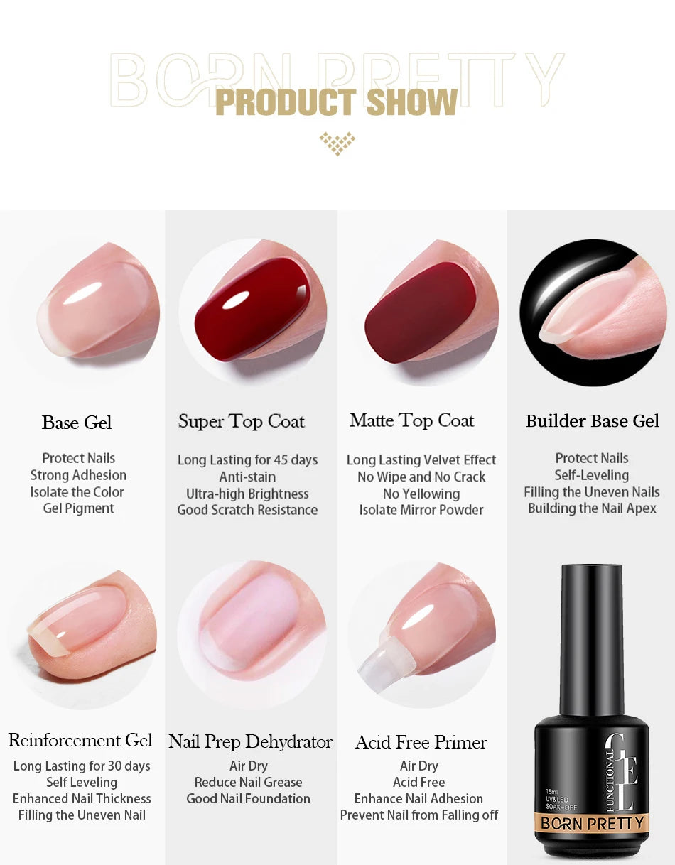 BORN PRETTY 15ml Function Gel Base Super Top Coat Reinforcement Gel Rubber Base Gel Soak Off UV LED Semi-Permanant Varnish