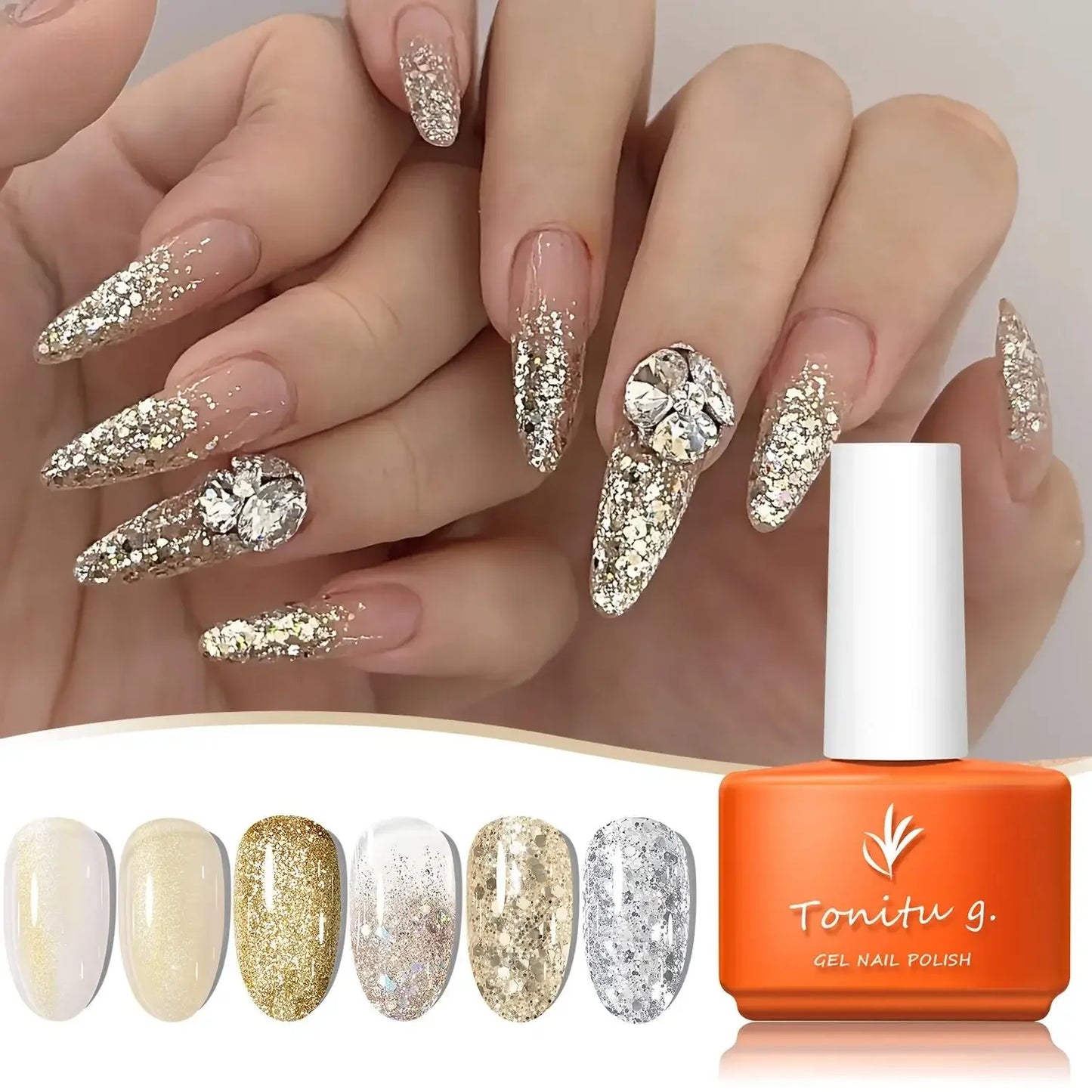 Gel Nail Polish Set 6 Colors, Glitter Golden, Silvery, Macaron, Red, Gel Set, Soak Off UV/LED, for Salon Manicure and Home DIY