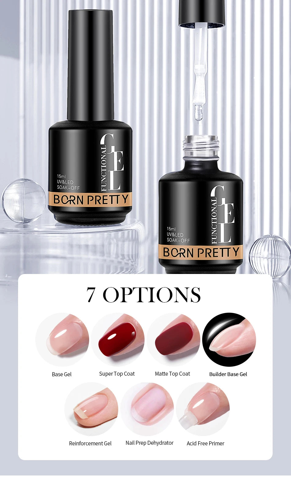 BORN PRETTY 15ml Function Gel Base Super Top Coat Reinforcement Gel Rubber Base Gel Soak Off UV LED Semi-Permanant Varnish
