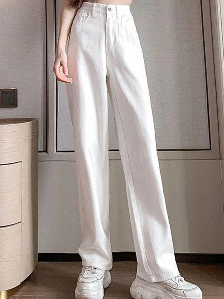 Women Spring High Waist Loose Denim Wide Leg Jeans Lady Street Korean Version Baggy Pants White Fashion Straight Leg Trousers