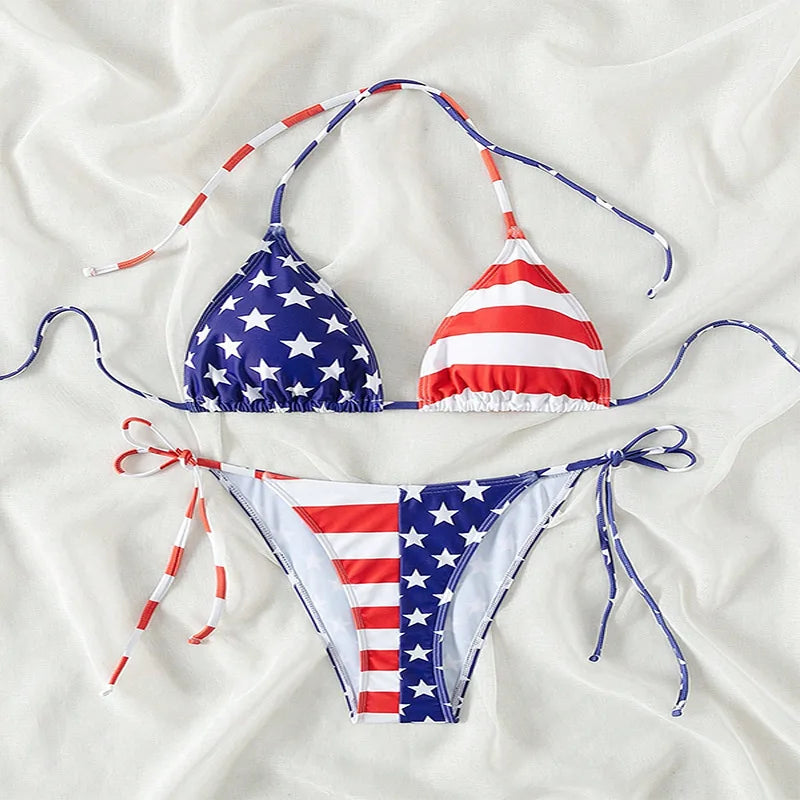2 Pcs/Set Bikini Set Sexy Bikinis 2024 Lace-up Bikini Swimsuit Women's High Sense American Flag Print Beach Bikini Spa Swimsuit