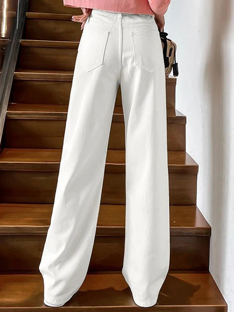 Women Spring High Waist Loose Denim Wide Leg Jeans Lady Street Korean Version Baggy Pants White Fashion Straight Leg Trousers