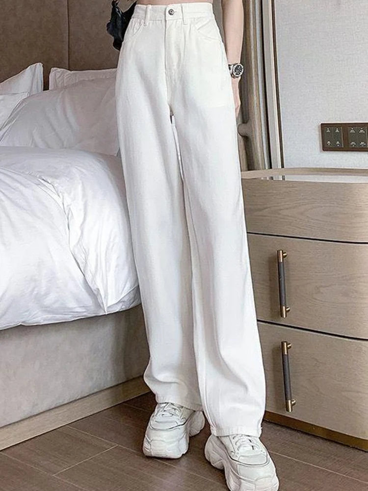 Women Spring High Waist Loose Denim Wide Leg Jeans Lady Street Korean Version Baggy Pants White Fashion Straight Leg Trousers