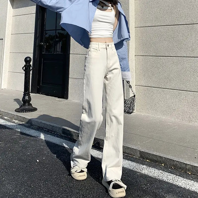 White High Waisted Jeans for Women White Y2k Wide-leg Baggy Jeans Slim Korea Fashion Women's Straight Denim Pants Streetwear