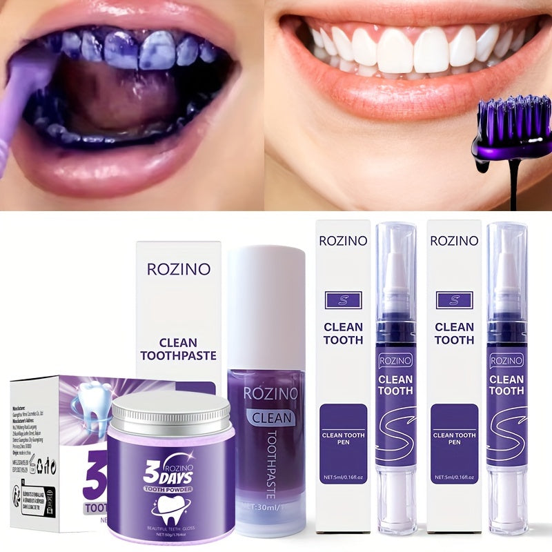 Purple Teeth Four-Piece Set, Toothpaste and Powder Whitening Pen, Brightens Teeth, Eliminates Bad Breath Stains and Odor, Daily Oral Cleaning for Fresh Breath, Cares for Gums, Boosts Confidence in Smile, Suitable for All Ages