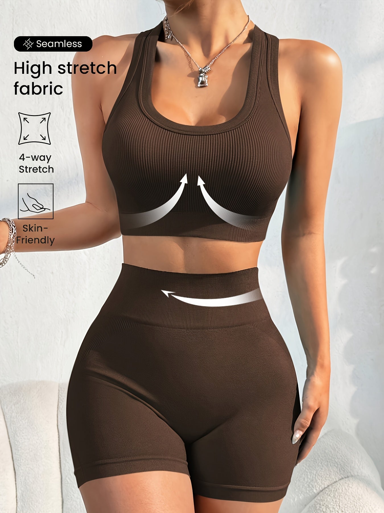 Women'S Seamless High Stretch Yoga Set - Ribbed Sports Bra & Shorts, 4-Way Stretch, Skin-Friendly, Solid Color, All-Season, Ribbed Detailing, High Waist, High Stretch Fabric, Skin-Friendly Material