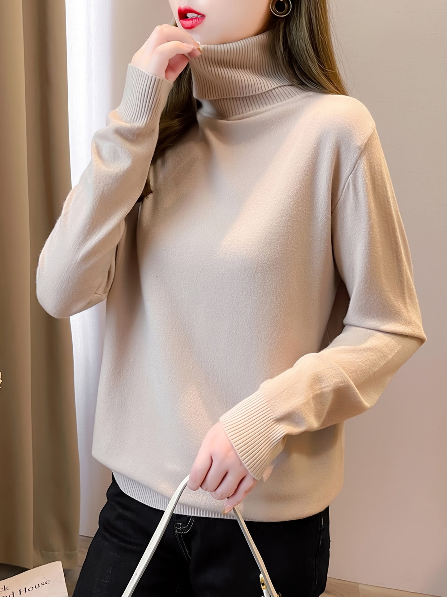 Simple Solid Turtle Neck Knitted Sweater, Elegant Long Sleeve Sweater For Fall & Winter, Women's Clothing
