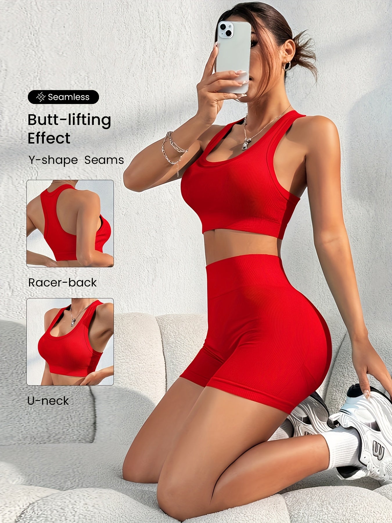 Women'S Seamless High Stretch Yoga Set - Ribbed Sports Bra & Shorts, 4-Way Stretch, Skin-Friendly, Solid Color, All-Season, Ribbed Detailing, High Waist, High Stretch Fabric, Skin-Friendly Material