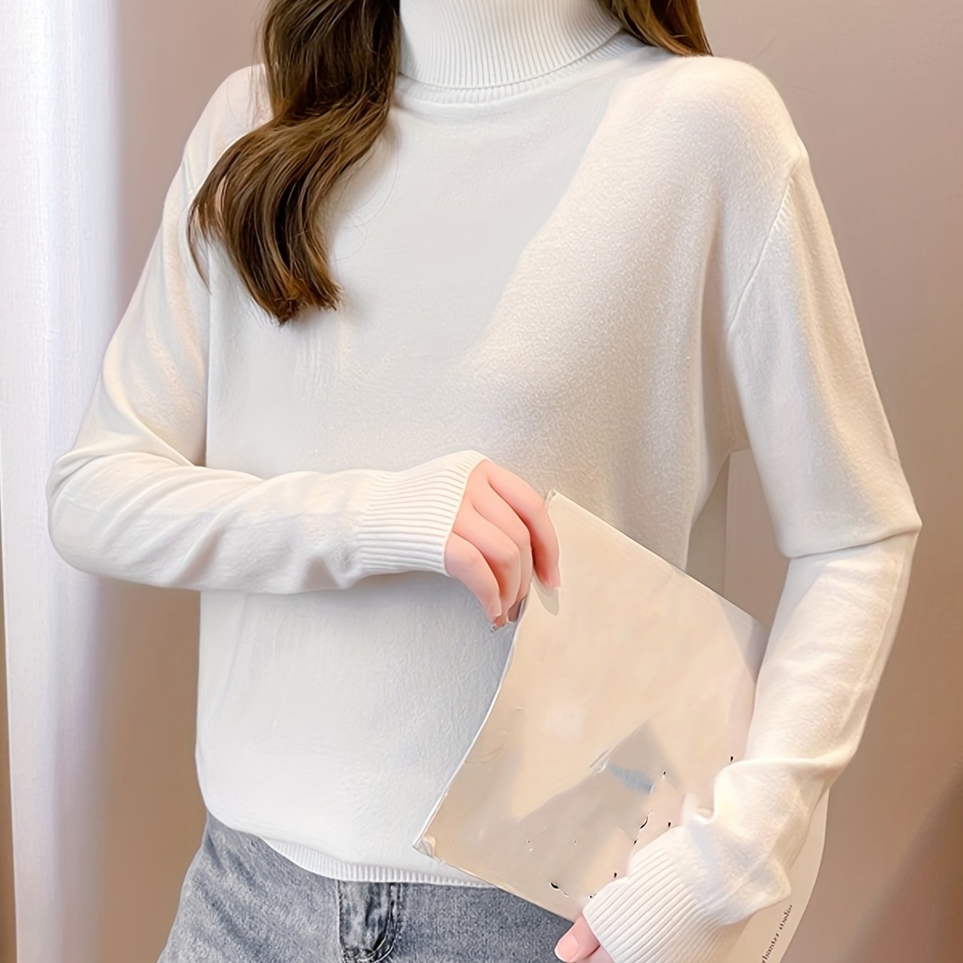 Simple Solid Turtle Neck Knitted Sweater, Elegant Long Sleeve Sweater For Fall & Winter, Women's Clothing