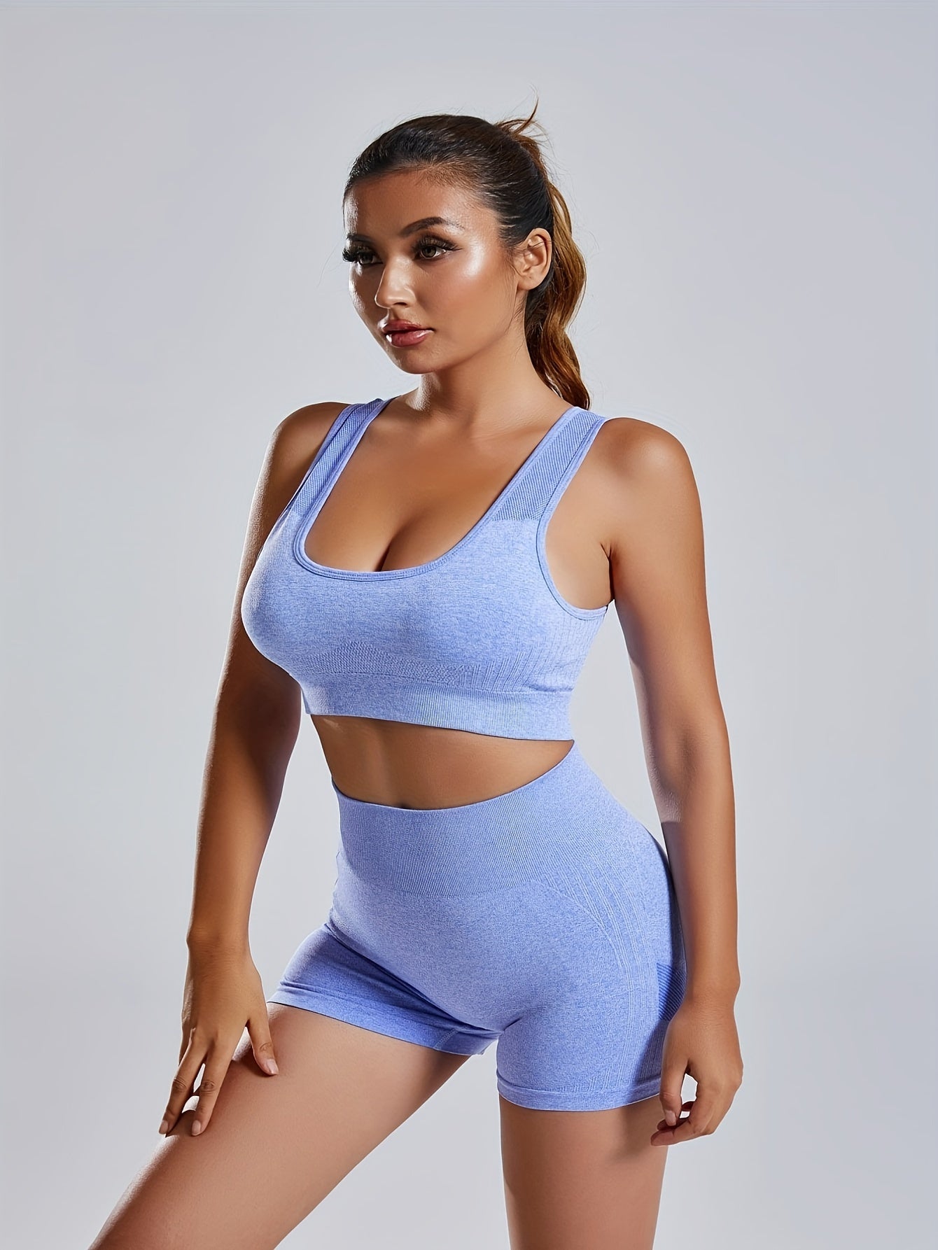 1set Women'S Seamless Sports Yoga Set - High Stretch Polyamide & Elastane Knit Fabric, Solid Color, All-Season, Regular Fit, Open Back Sports Bra & Butt Lifting Shorts Gym Wear
