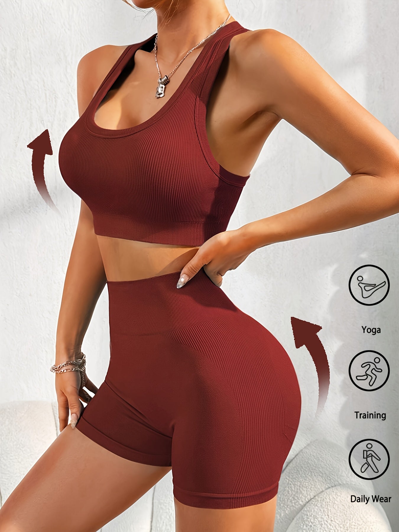 Women'S Seamless High Stretch Yoga Set - Ribbed Sports Bra & Shorts, 4-Way Stretch, Skin-Friendly, Solid Color, All-Season, Ribbed Detailing, High Waist, High Stretch Fabric, Skin-Friendly Material