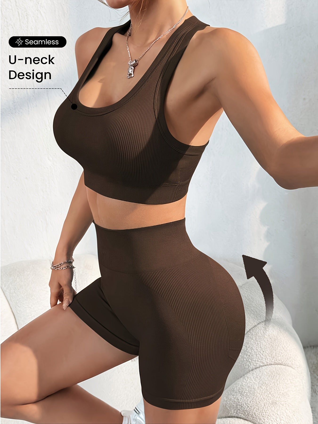 Women'S Seamless High Stretch Yoga Set - Ribbed Sports Bra & Shorts, 4-Way Stretch, Skin-Friendly, Solid Color, All-Season, Ribbed Detailing, High Waist, High Stretch Fabric, Skin-Friendly Material