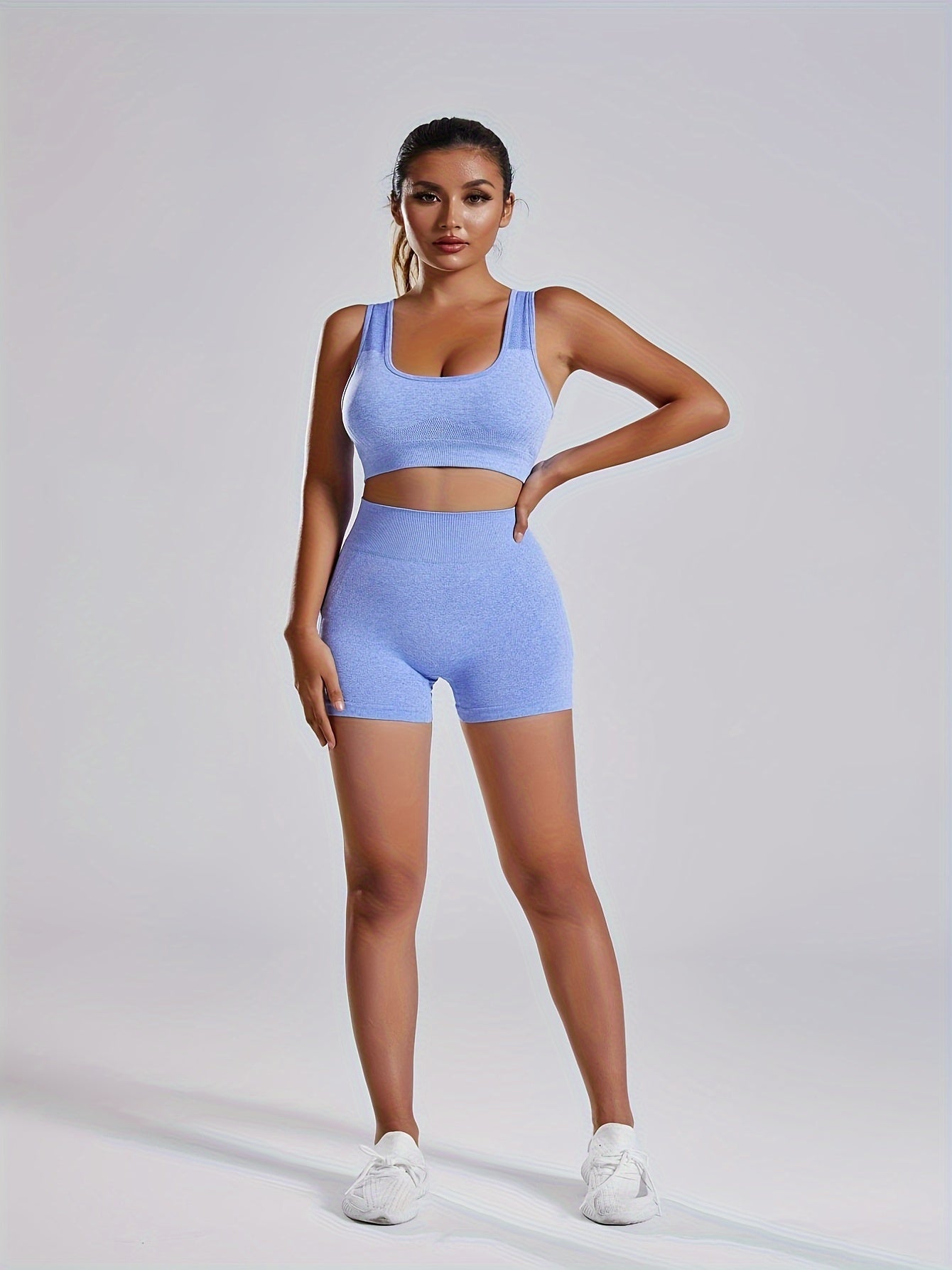 1set Women'S Seamless Sports Yoga Set - High Stretch Polyamide & Elastane Knit Fabric, Solid Color, All-Season, Regular Fit, Open Back Sports Bra & Butt Lifting Shorts Gym Wear