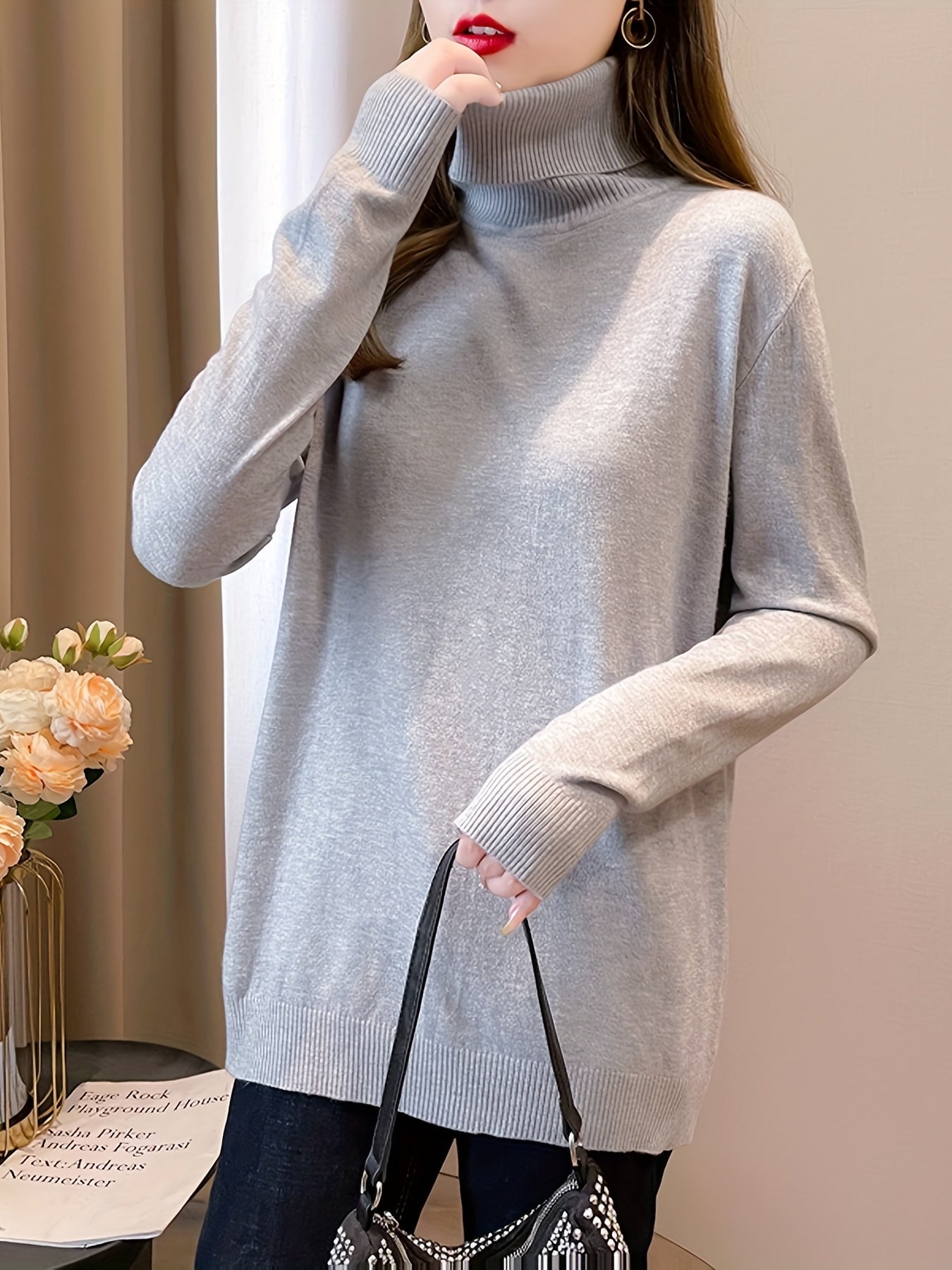Simple Solid Turtle Neck Knitted Sweater, Elegant Long Sleeve Sweater For Fall & Winter, Women's Clothing