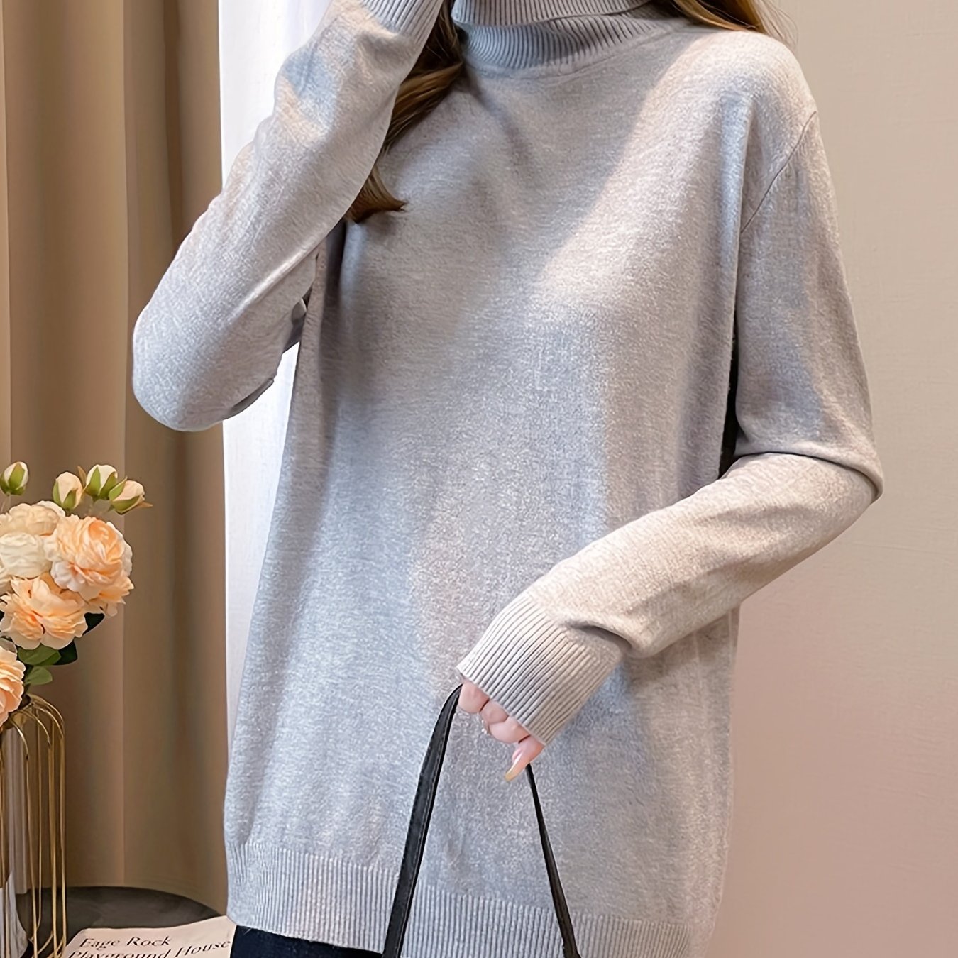 Simple Solid Turtle Neck Knitted Sweater, Elegant Long Sleeve Sweater For Fall & Winter, Women's Clothing