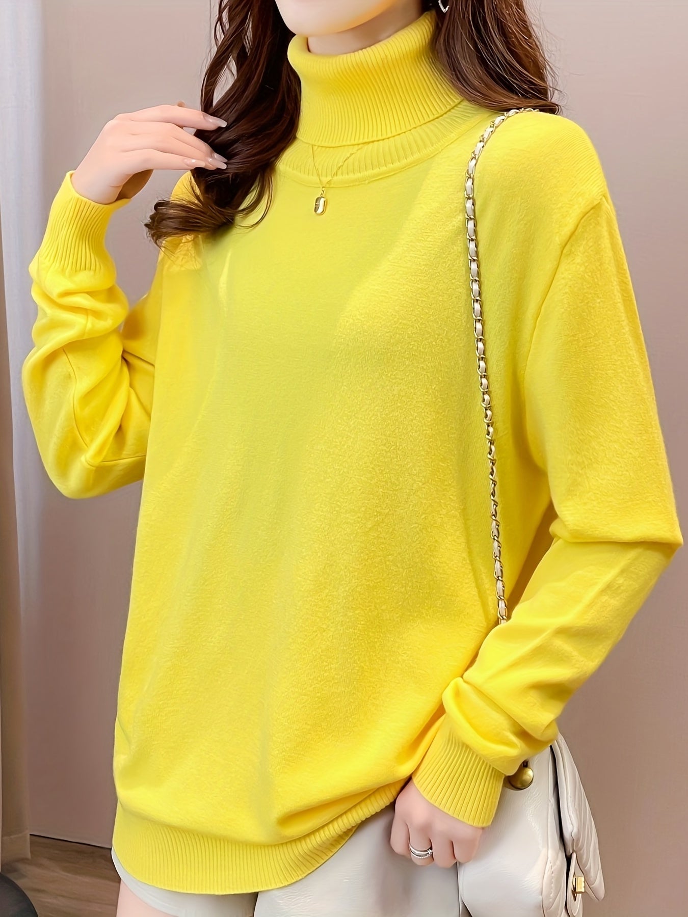 Simple Solid Turtle Neck Knitted Sweater, Elegant Long Sleeve Sweater For Fall & Winter, Women's Clothing