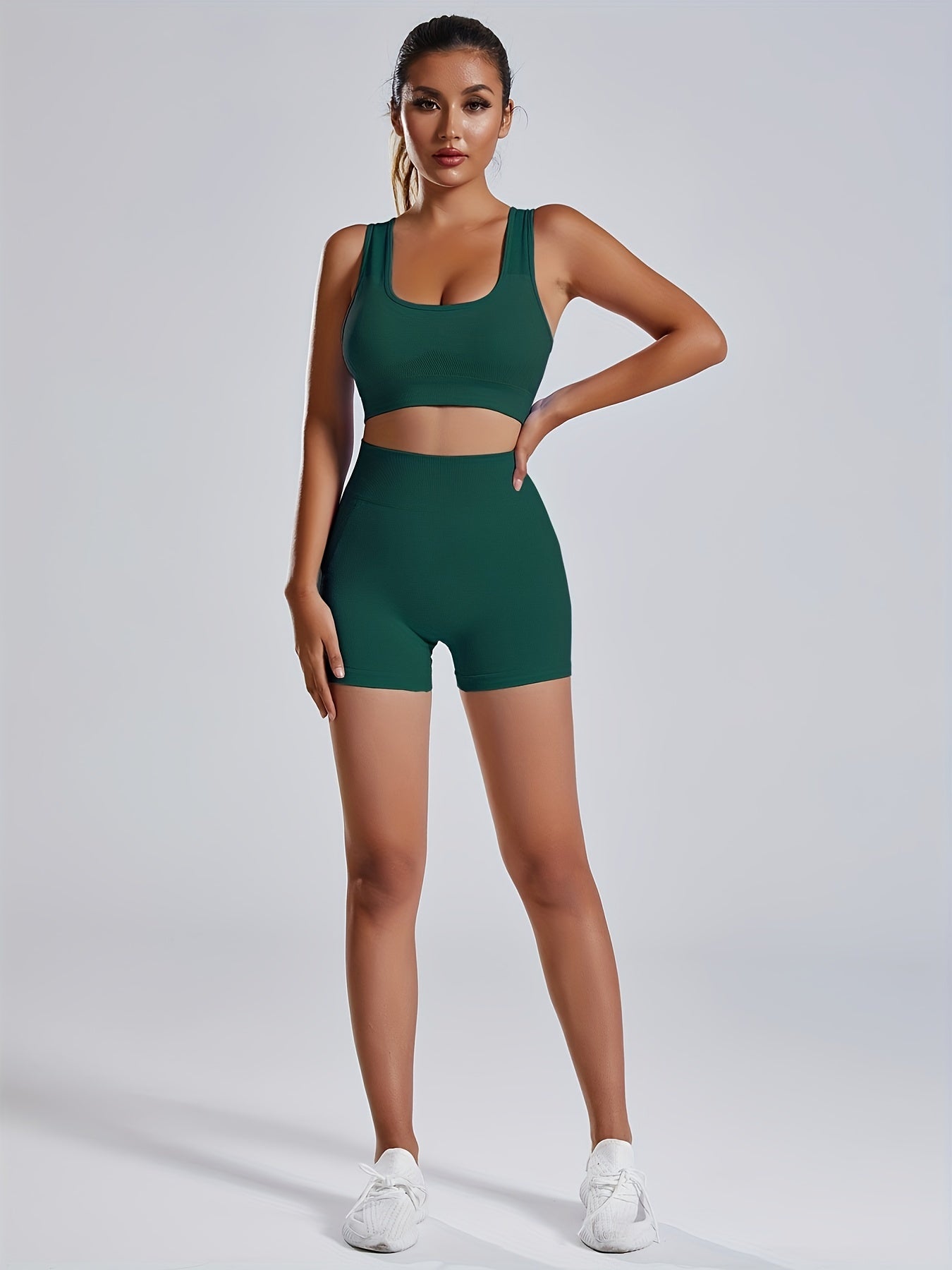 1set Women'S Seamless Sports Yoga Set - High Stretch Polyamide & Elastane Knit Fabric, Solid Color, All-Season, Regular Fit, Open Back Sports Bra & Butt Lifting Shorts Gym Wear