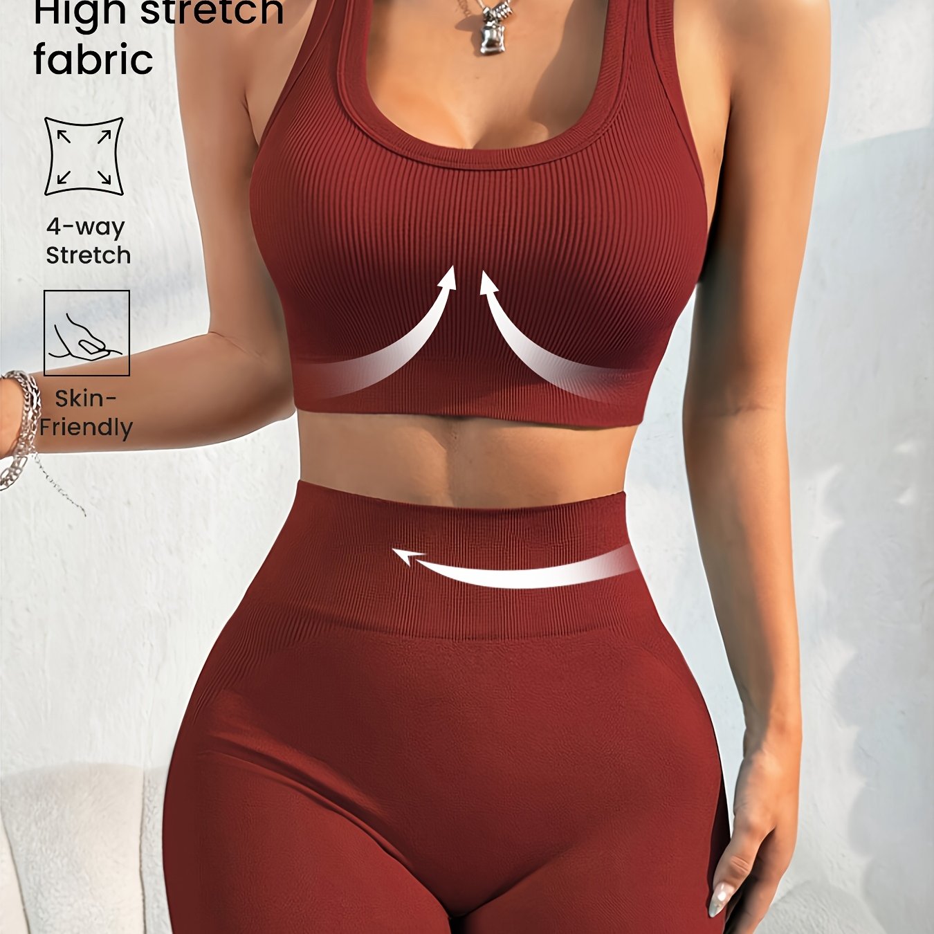 Women'S Seamless High Stretch Yoga Set - Ribbed Sports Bra & Shorts, 4-Way Stretch, Skin-Friendly, Solid Color, All-Season, Ribbed Detailing, High Waist, High Stretch Fabric, Skin-Friendly Material