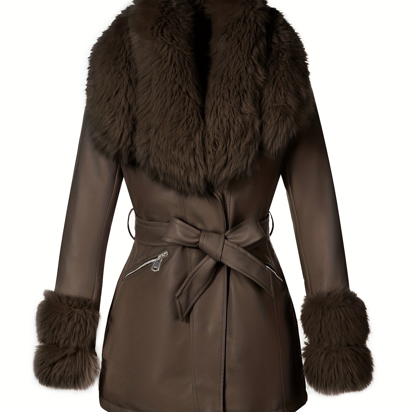 Women's Elegant Winter Jacket with Detachable Fake Fur Collar & Lapel - Belted Coat, Solid Color Long Sleeve Outerwear for Fall/Winter, Non-Stretch for Dresses/Skirts/Jeans