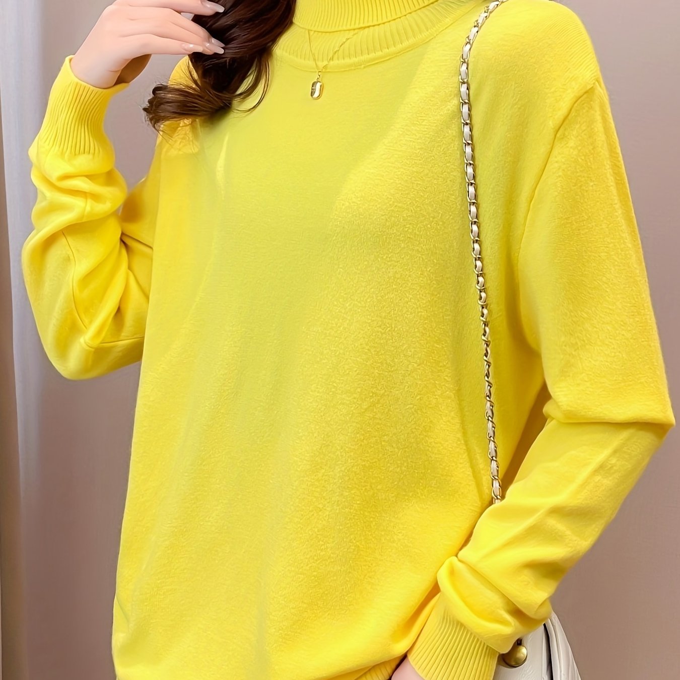 Simple Solid Turtle Neck Knitted Sweater, Elegant Long Sleeve Sweater For Fall & Winter, Women's Clothing