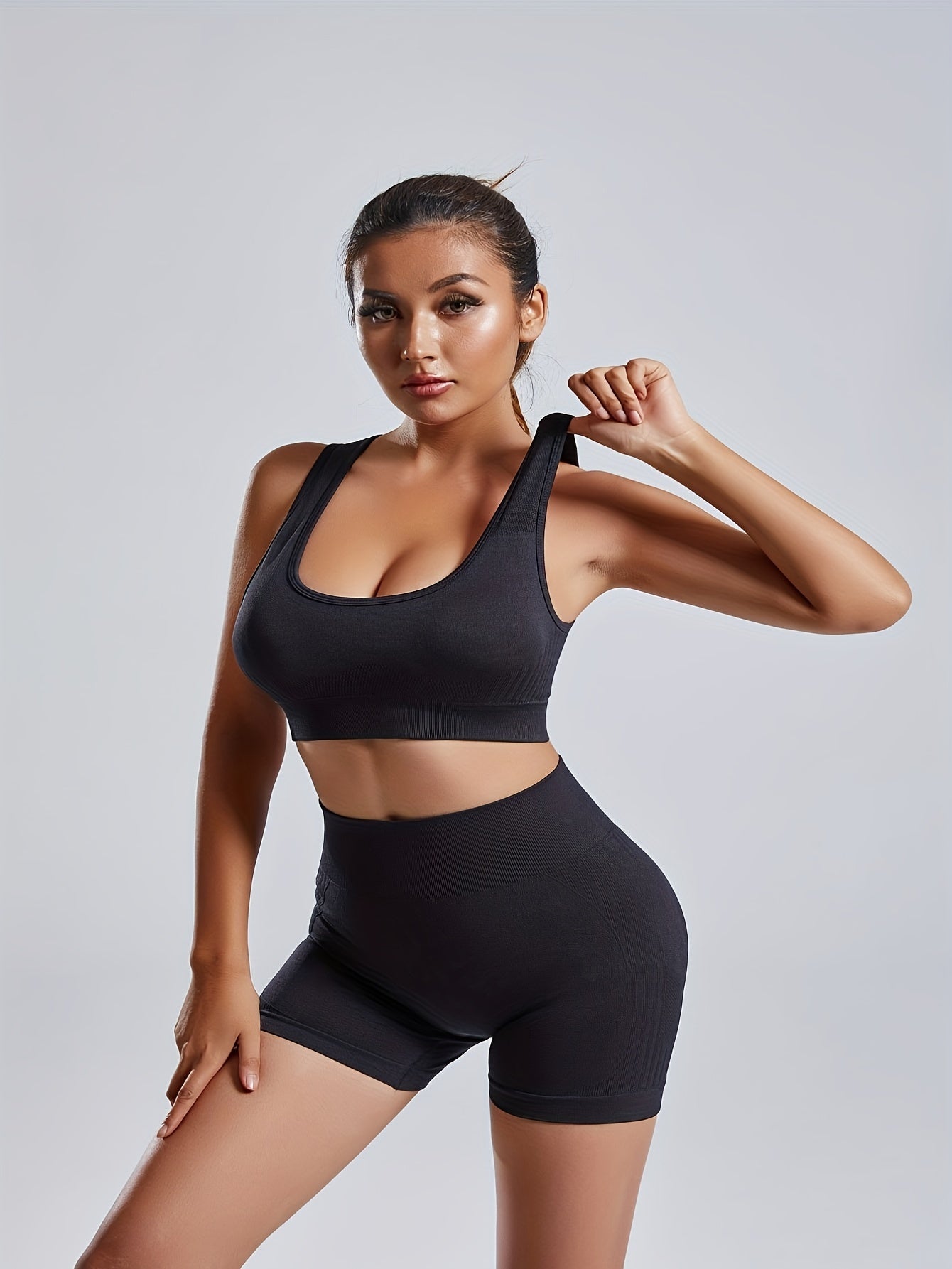 1set Women'S Seamless Sports Yoga Set - High Stretch Polyamide & Elastane Knit Fabric, Solid Color, All-Season, Regular Fit, Open Back Sports Bra & Butt Lifting Shorts Gym Wear