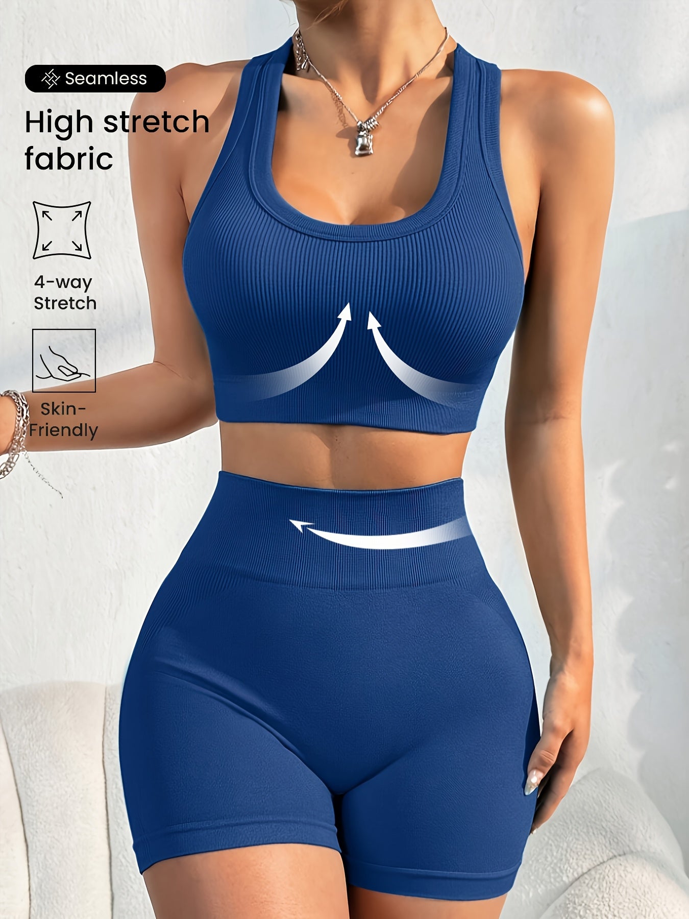 Women'S Seamless High Stretch Yoga Set - Ribbed Sports Bra & Shorts, 4-Way Stretch, Skin-Friendly, Solid Color, All-Season, Ribbed Detailing, High Waist, High Stretch Fabric, Skin-Friendly Material