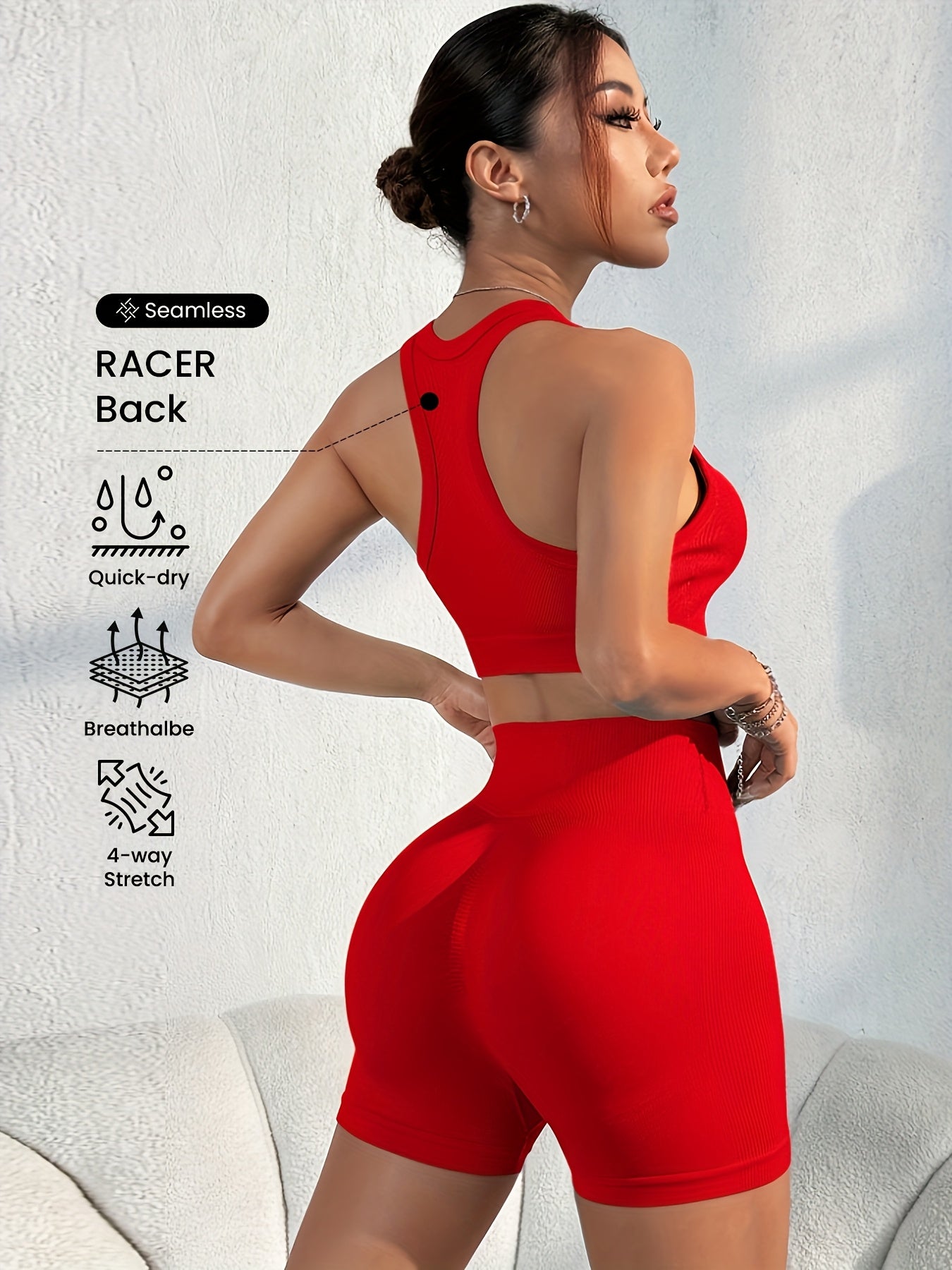 Women'S Seamless High Stretch Yoga Set - Ribbed Sports Bra & Shorts, 4-Way Stretch, Skin-Friendly, Solid Color, All-Season, Ribbed Detailing, High Waist, High Stretch Fabric, Skin-Friendly Material